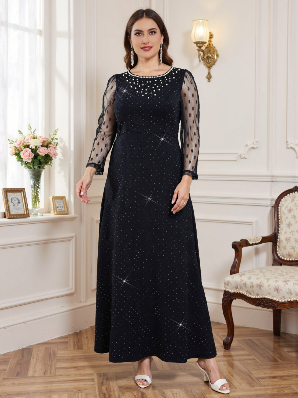 Vakarinė suknelė, A linijos siluetas, ilgos rankovės, ilgas kirpimas, liemuo vidutinis, U formos iškirptė, 70–80% poliesterio