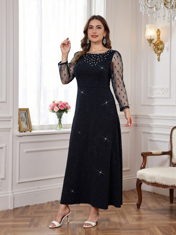 Vakarinė suknelė, A linijos siluetas, ilgos rankovės, ilgas kirpimas, liemuo vidutinis, U formos iškirptė, 70–80% poliesterio