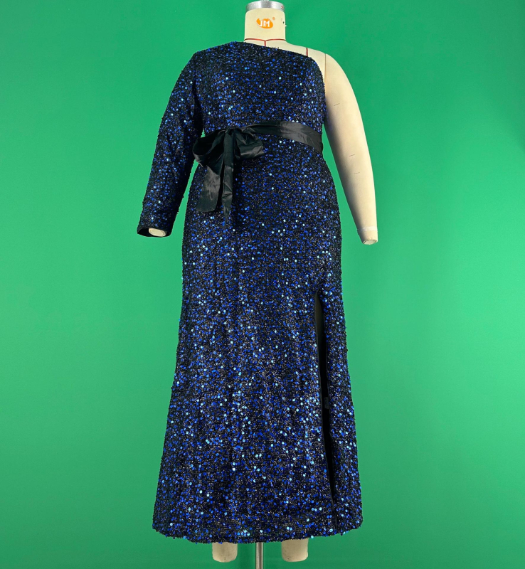 Poliesterinė vakarinė suknelė vienu pečiu, ilgos rankovės, siauras liemuo, ilga A-formos suknelė