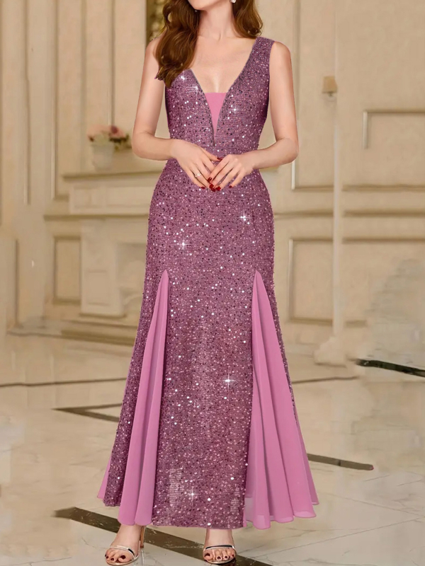 Vakarinė suknelė su blizgučiais, V iškirptė, žuvies uodegos siluetas, poliesteris, 2024 sezonas, aukštas liemuo, ilga suknelė