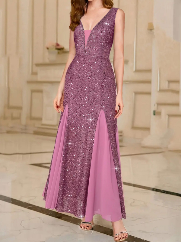 Vakarinė suknelė su blizgučiais, V iškirptė, žuvies uodegos siluetas, poliesteris, 2024 sezonas, aukštas liemuo, ilga suknelė