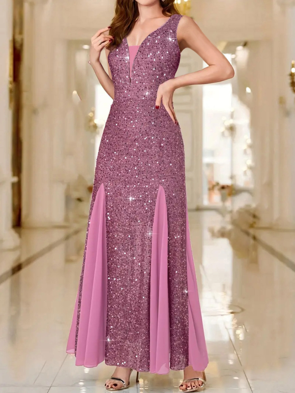 Vakarinė suknelė su blizgučiais, V iškirptė, žuvies uodegos siluetas, poliesteris, 2024 sezonas, aukštas liemuo, ilga suknelė