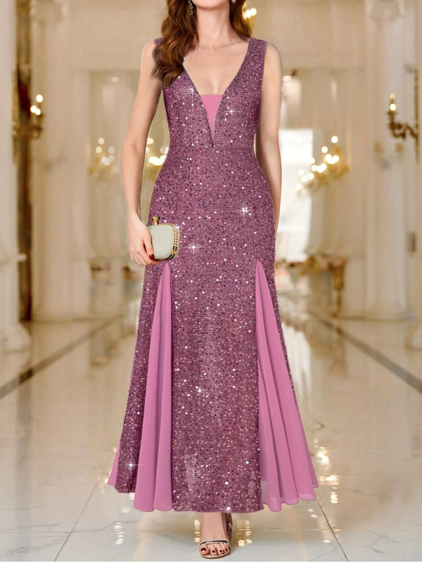 Vakarinė suknelė su blizgučiais, V iškirptė, žuvies uodegos siluetas, poliesteris, 2024 sezonas, aukštas liemuo, ilga suknelė