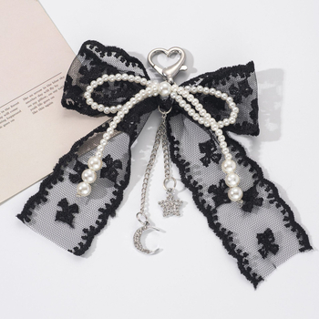 Κλειδοθήκη κορεατικού στυλ με δαντελέντη κορδέλα, τεχνητές περλίδες, γοητεία με αστέρι και φεγγάρι, αλυσίδα και διακοσμητικό για τσάντα