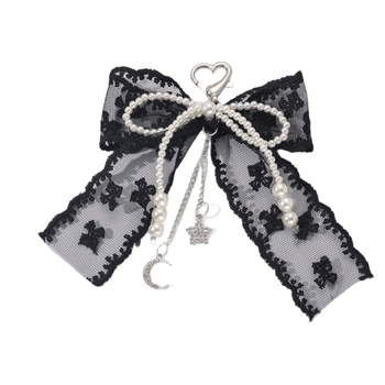 Κλειδοθήκη κορεατικού στυλ με δαντελέντη κορδέλα, τεχνητές περλίδες, γοητεία με αστέρι και φεγγάρι, αλυσίδα και διακοσμητικό για τσάντα