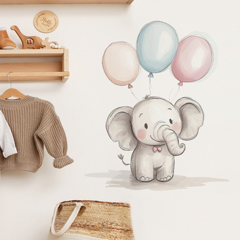 Αυτοκόλλητο τοίχου: Fun-E57 Καρτούν ελέφαντας με μπαλόνι για παιδικό δωμάτιο, PVC, επίπεδη σχεδίαση, 1 τεμάχιο.