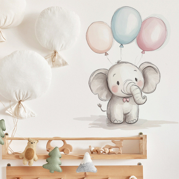 Αυτοκόλλητο τοίχου: Fun-E57 Καρτούν ελέφαντας με μπαλόνι για παιδικό δωμάτιο, PVC, επίπεδη σχεδίαση, 1 τεμάχιο.