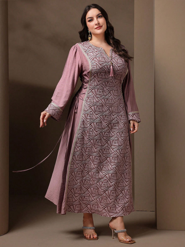 Жакардова рокля с ресни, V-образно деколте, дълга А-линейна кройка, полиестер жакардова тъкан