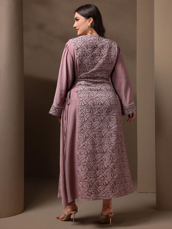 Жакардова рокля с ресни, V-образно деколте, дълга А-линейна кройка, полиестер жакардова тъкан