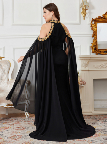 Шифонена вечерна рокля, лятна колекция 2025, елегантна дълга рокля с висока яка и супер дълги ръкави, 95% полиестер