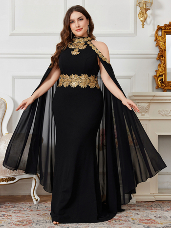 Шифонена вечерна рокля, лятна колекция 2025, елегантна дълга рокля с висока яка и супер дълги ръкави, 95% полиестер