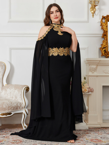 Шифонена вечерна рокля, лятна колекция 2025, елегантна дълга рокля с висока яка и супер дълги ръкави, 95% полиестер