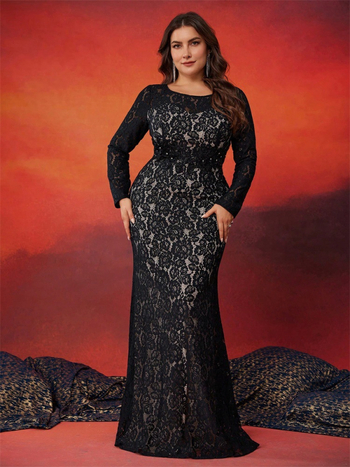 Elegantiška vakarinė suknelė iš poliesterio (95%+), su apvalia kaklo iškirpte ir ilgomis rankovėmis, tinkama vakarėliams