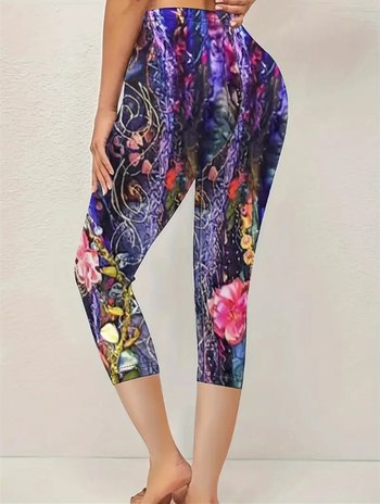 Ženske Capri legice s floralnim 3D uzorkom, krojene, uski kroj, visoka elastičnost, poliester s spandexom