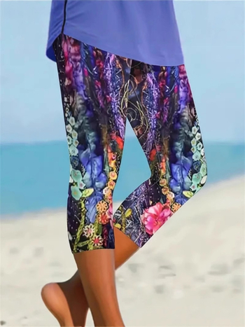 Ženske Capri legice s floralnim 3D uzorkom, krojene, uski kroj, visoka elastičnost, poliester s spandexom