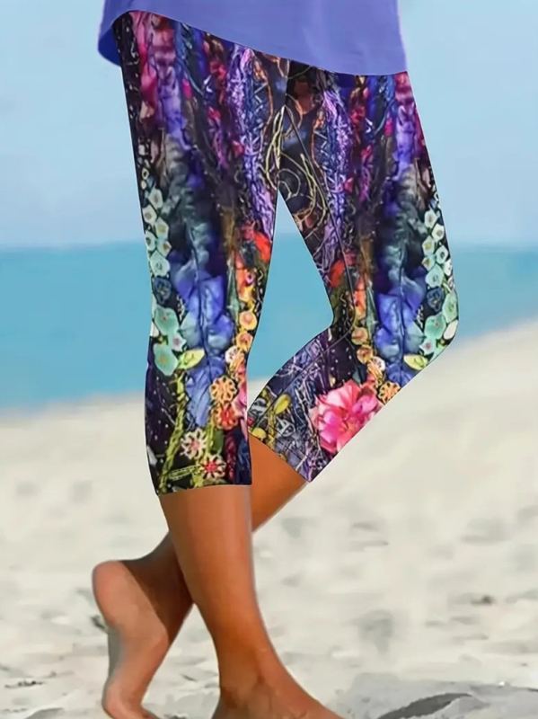 Ženske Capri legice s floralnim 3D uzorkom, krojene, uski kroj, visoka elastičnost, poliester s spandexom