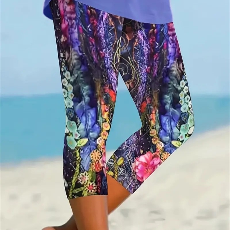 Ženske Capri legice s floralnim 3D uzorkom, krojene, uski kroj, visoka elastičnost, poliester s spandexom
