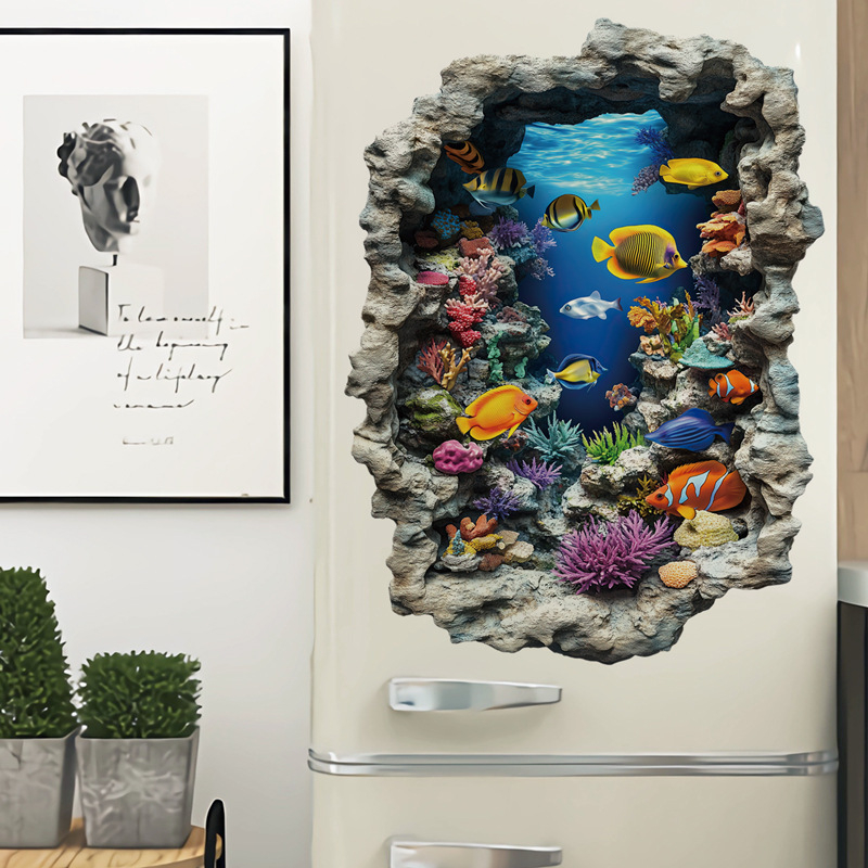 PVC стенен стикер с океански риби — 1 парче, водоустойчив, за хол, спалня и баня, модерен минималистичен стил