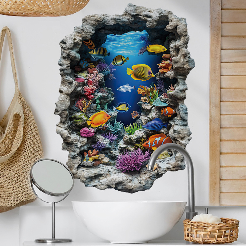 PVC стенен стикер с океански риби — 1 парче, водоустойчив, за хол, спалня и баня, модерен минималистичен стил