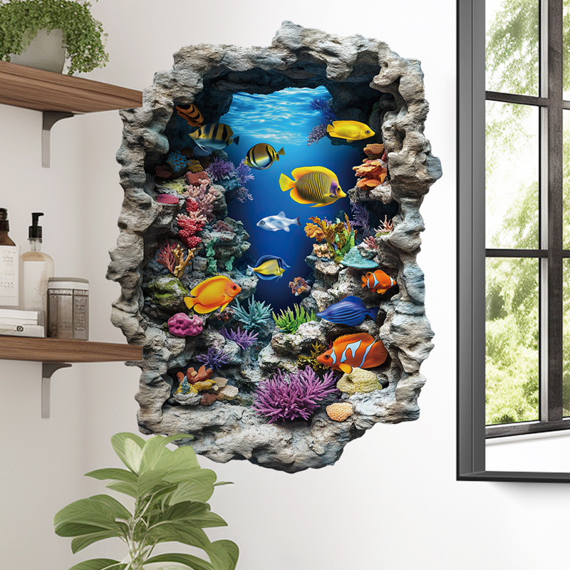 PVC стенен стикер с океански риби — 1 парче, водоустойчив, за хол, спалня и баня, модерен минималистичен стил