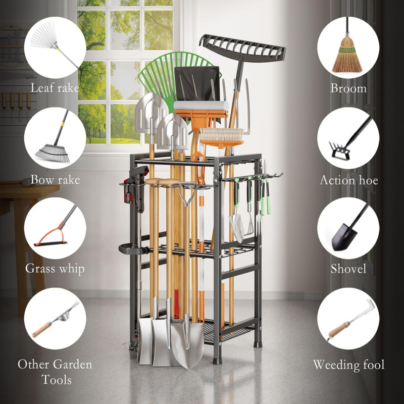 Kerti szerszámok tárolója – 3 szintes, vasból készült, padlóra szerelhető, hordozható tároló kültéri kempingezéshez és nappali tároláshoz.