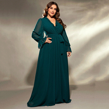 Poliesterio vakarinė suknelė, gilus V iškirpimas, ilgos rankovės, ilgas sijonas