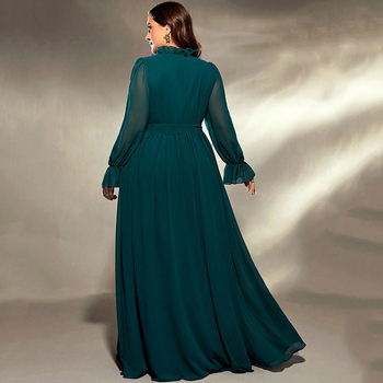 Poliesterio vakarinė suknelė, gilus V iškirpimas, ilgos rankovės, ilgas sijonas