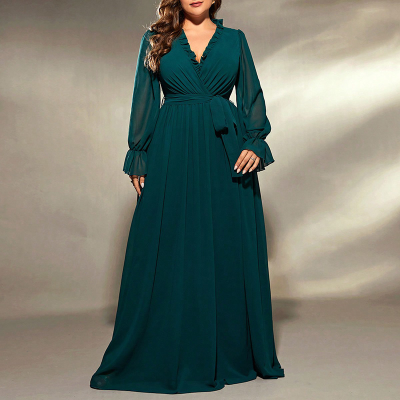 Poliesterio vakarinė suknelė, gilus V iškirpimas, ilgos rankovės, ilgas sijonas