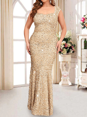 Siaura vakarinė suknelė su žuvies uodegos siluetu ir sequin dekoru, aukštas juosmuo, be rankovių, U formos kaklas – poliesteris, vakarėliui, 2025 m. pavasaris