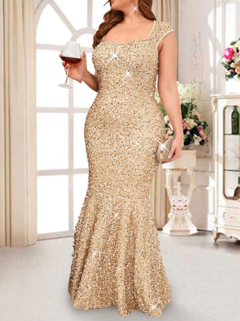 Siaura vakarinė suknelė su žuvies uodegos siluetu ir sequin dekoru, aukštas juosmuo, be rankovių, U formos kaklas – poliesteris, vakarėliui, 2025 m. pavasaris