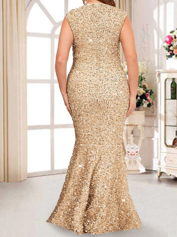 Siaura vakarinė suknelė su žuvies uodegos siluetu ir sequin dekoru, aukštas juosmuo, be rankovių, U formos kaklas – poliesteris, vakarėliui, 2025 m. pavasaris