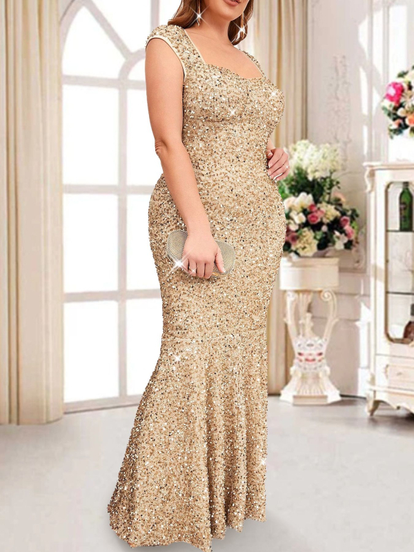 Siaura vakarinė suknelė su žuvies uodegos siluetu ir sequin dekoru, aukštas juosmuo, be rankovių, U formos kaklas – poliesteris, vakarėliui, 2025 m. pavasaris