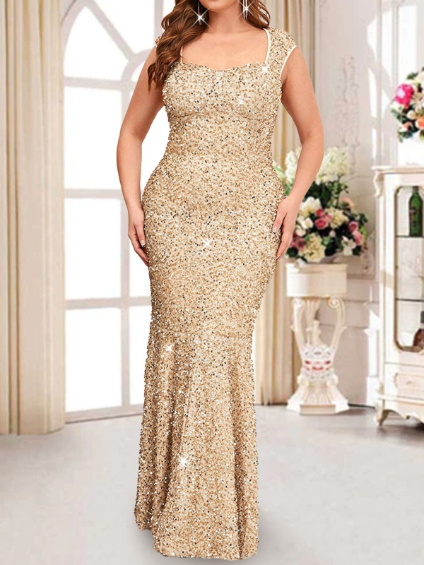 Siaura vakarinė suknelė su žuvies uodegos siluetu ir sequin dekoru, aukštas juosmuo, be rankovių, U formos kaklas – poliesteris, vakarėliui, 2025 m. pavasaris