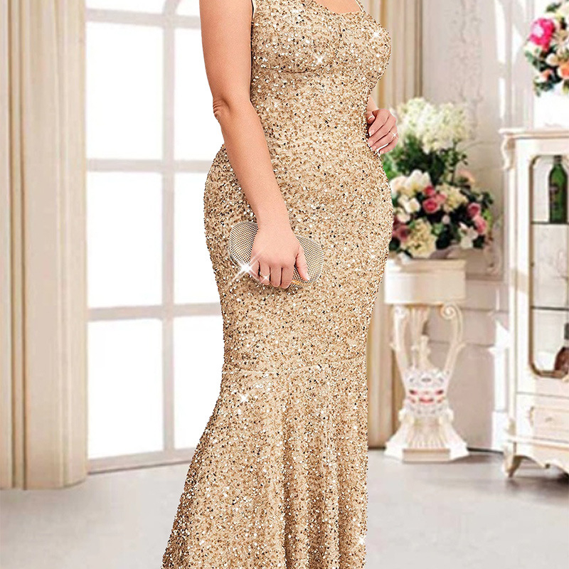 Siaura vakarinė suknelė su žuvies uodegos siluetu ir sequin dekoru, aukštas juosmuo, be rankovių, U formos kaklas – poliesteris, vakarėliui, 2025 m. pavasaris