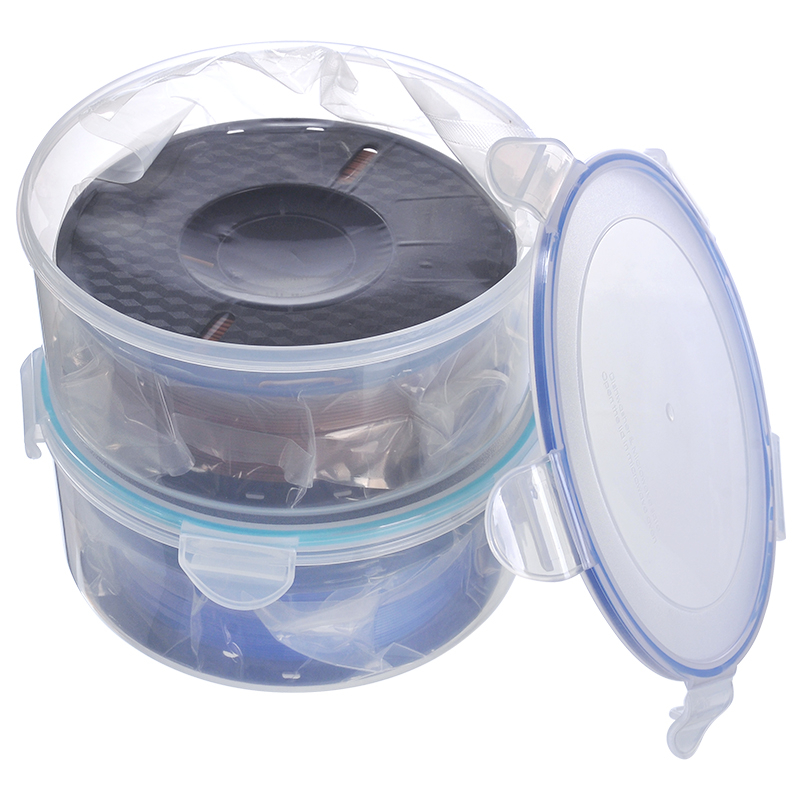 Apvalios formos užsandarinta dėžutė 3D spausdinimo filamentui, plastikas, mikrobangų krosnelė tinkama, talpa iki 300 ml