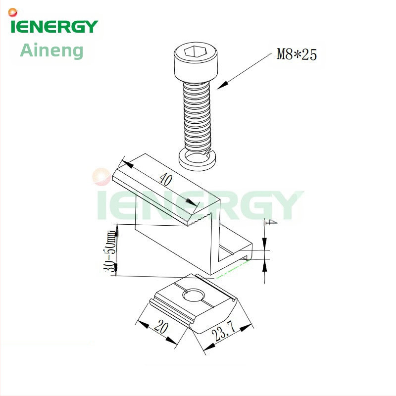 Комплект от четири части за скоби на соларни панели със странично притискане и ключ за монтаж (алуминиева сплав AL6005-T5)
