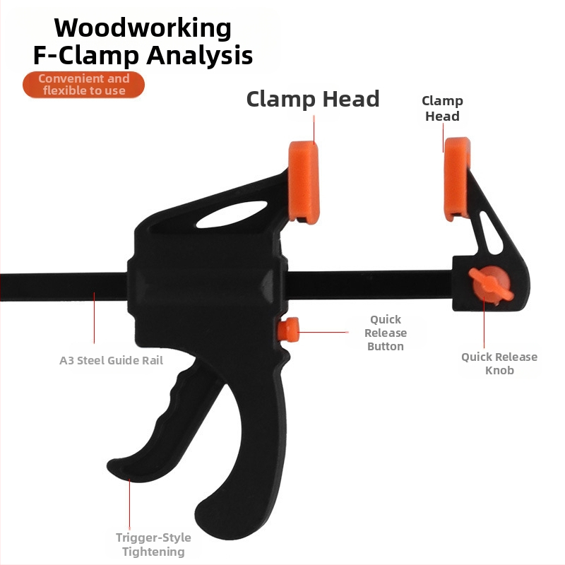 F-образна дърводелска щипка със система за бързо фиксиране под прав ъгъл и тригер за силно притискане