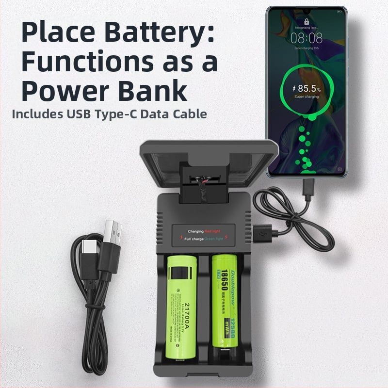 Saulės energijos išmanus dviejų lizdų įkroviklis Li-ion 18650/26650, įvestis 5V, išvestis 4.2V/1.2A, CE sertifikatas