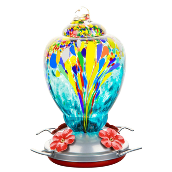 Γυάλινο ποτιστικό νερού για πουλιά με γάντζο κατά μυρμηγκιών και διακοσμητικό λουλούδι από γυαλί και πλαστικό