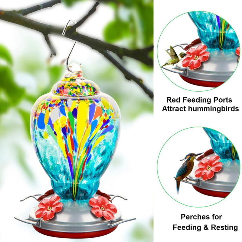 Stiklinė vandens lesyklėlė paukščiams su dažytu stiklo/plastiko gėlių akcentu