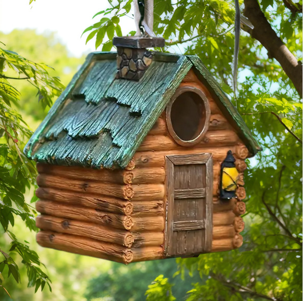 Paukščių namelis iš dervos, kabamas sodo dekoras, retro stilius