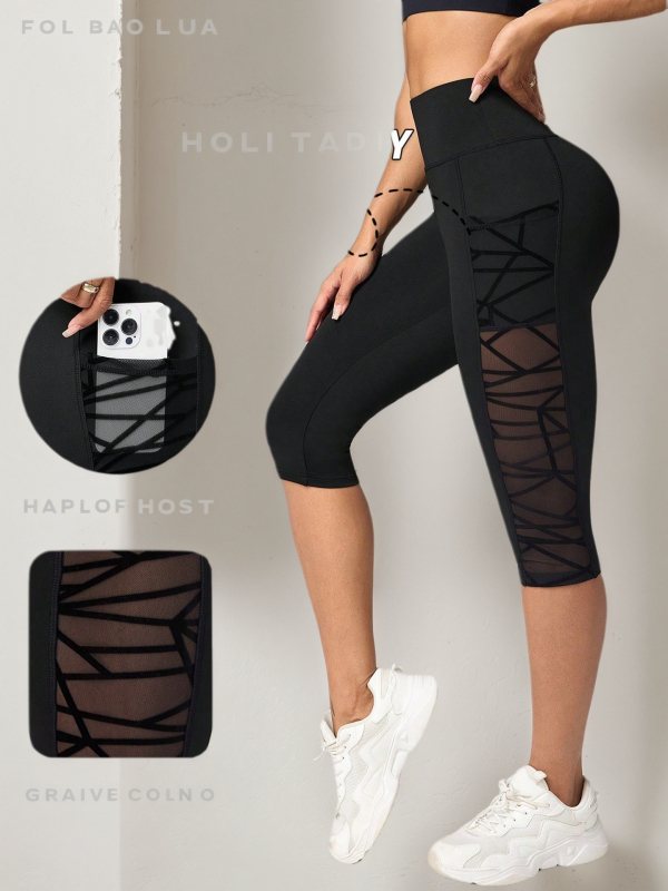 Jóga szűk fazonú cropped nadrág, poliészter-spandex keverék, 80-90% poliészter, magas elasztikusság