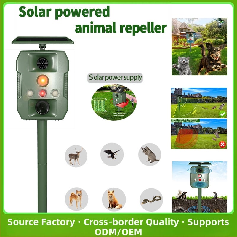 Kültéri napenergiás ultrahangos állatriasztó, ZS-618 modell, 5V, 13,5–28,5 kHz, 1W, LED villogó fény