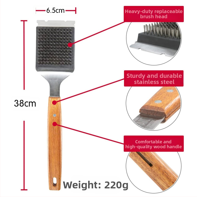 Барбекю четка за открито с скрепер, удължена дървена дръжка и подменяема глава с неръждаеми стоманени влакна за почистване на грил и пушилня