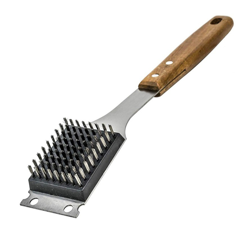 Ārējā BBQ birste ar skrāpi, paplašināta koka rokturis, nomaināma nerūsējošā tērauda sariņu galviņa grila un dūmu kameru tīrīšanai