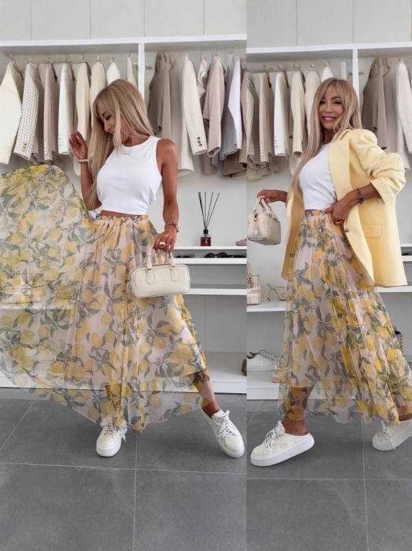 Hálós szoknya hosszú, geometriai mintával, poliészter–spandex keverék, elasztikus derék, nyár 2025