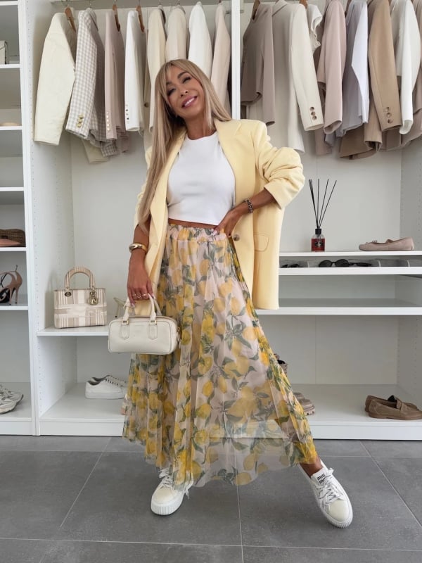 Hálós szoknya hosszú, geometriai mintával, poliészter–spandex keverék, elasztikus derék, nyár 2025