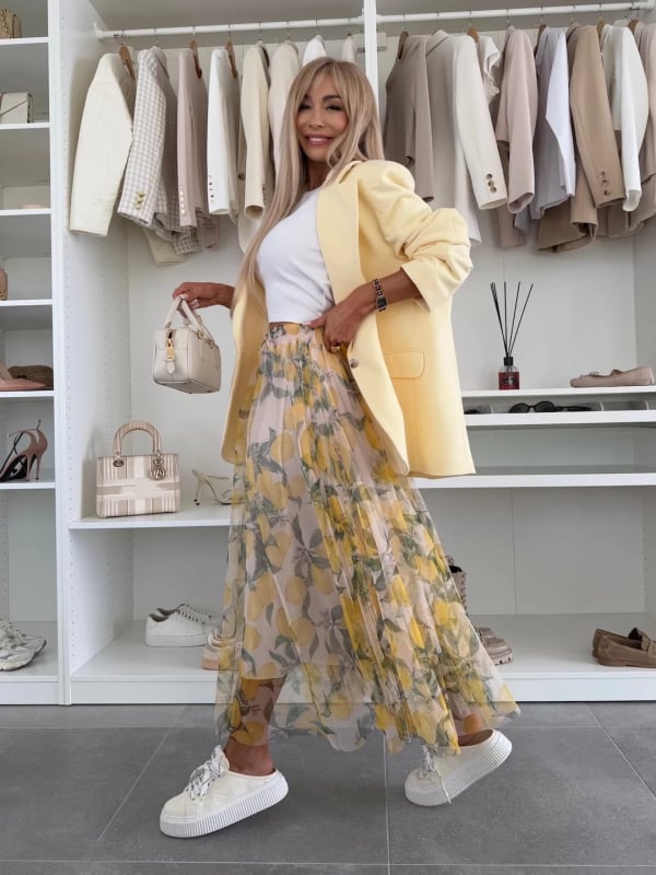 Hálós szoknya hosszú, geometriai mintával, poliészter–spandex keverék, elasztikus derék, nyár 2025