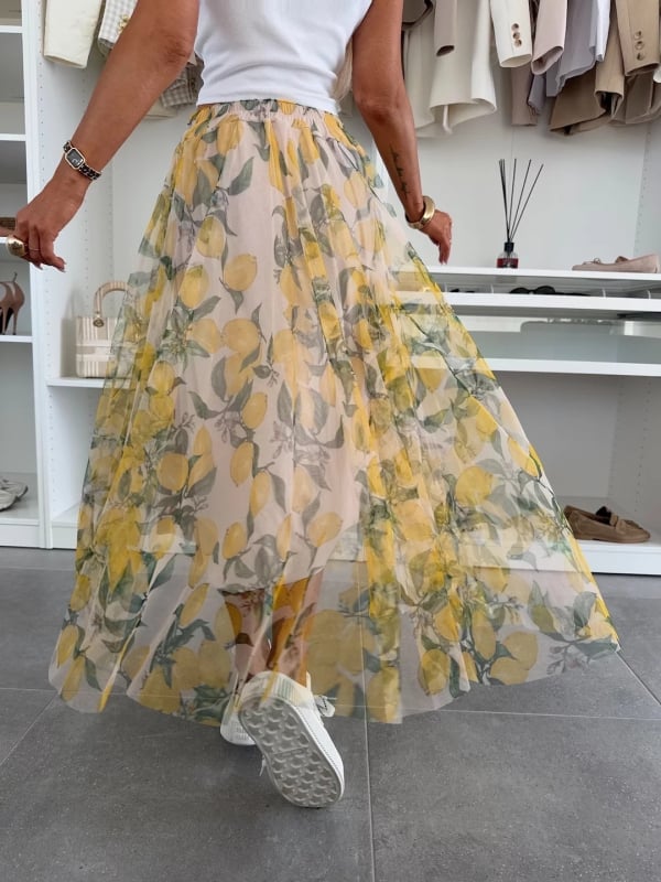 Hálós szoknya hosszú, geometriai mintával, poliészter–spandex keverék, elasztikus derék, nyár 2025