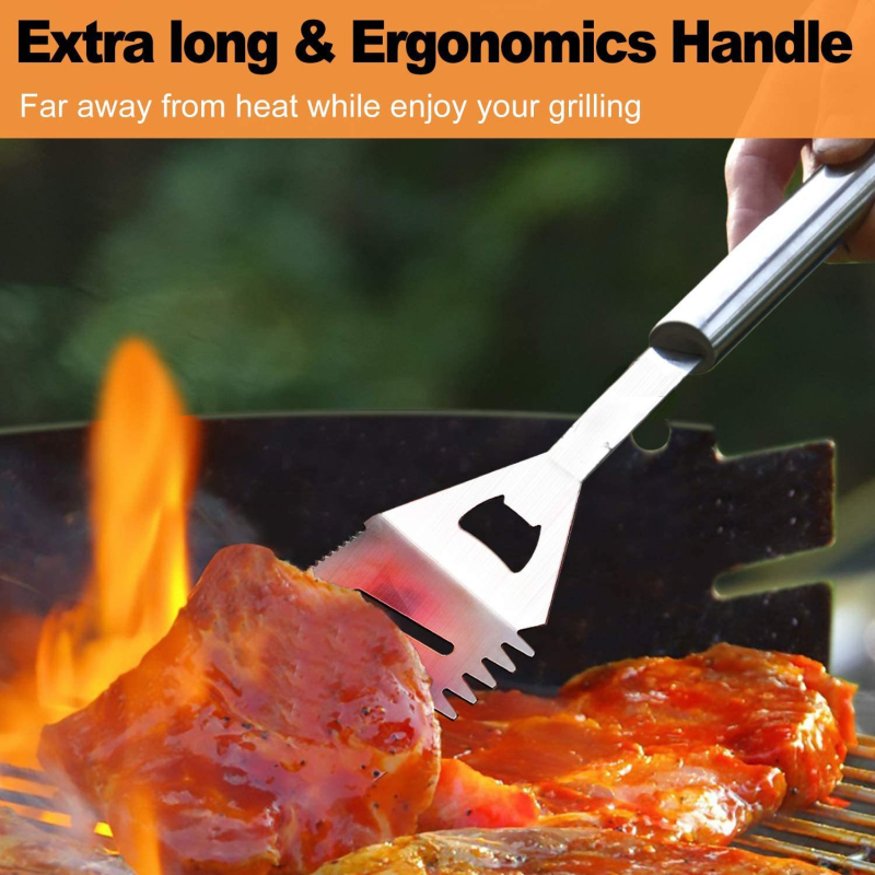 21 dalių BBQ įrankių rinkinys su nešiojama dėže — nerūdijančio plieno ir silikono įrankiai, įskaitant peilį, šepetėlį, šakutę, mentelę ir klipsą